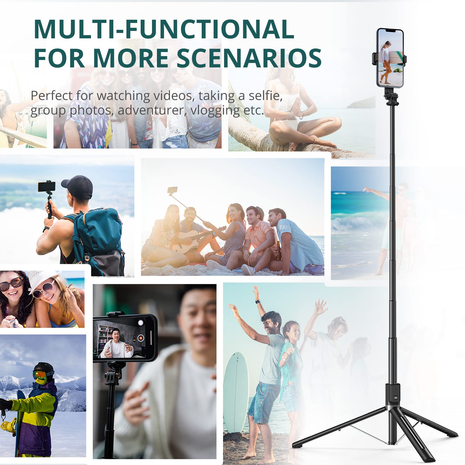 ATUMTEK Kijek do selfie ze zdejmowanym pilotem zdalnego sterowania Bluetooth, 150 cm, wysuwany kijek do selfie do iPhone'a i systemu Android, nagrywanie wideo, blogowanie i transmisja na żywo