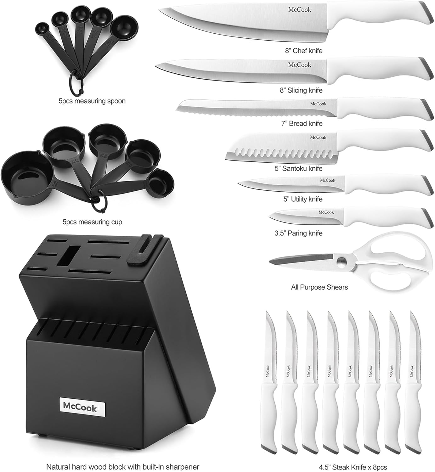 McCook Knife Sets, German Stainless Steel Kitchen Knife Block Sets with Built-in Sharpener