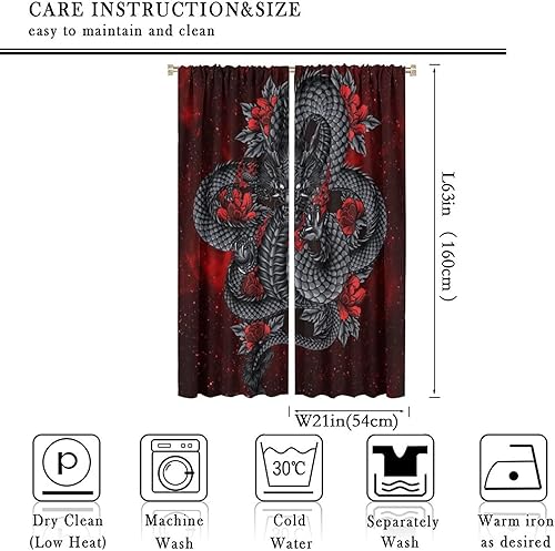 Miniatura 2 de Cortinas opacas para niños, diseño de dragón negro, estampado de flores rojas de dragón feroz, con bolsillo para cortinero, cortinas con aislamiento