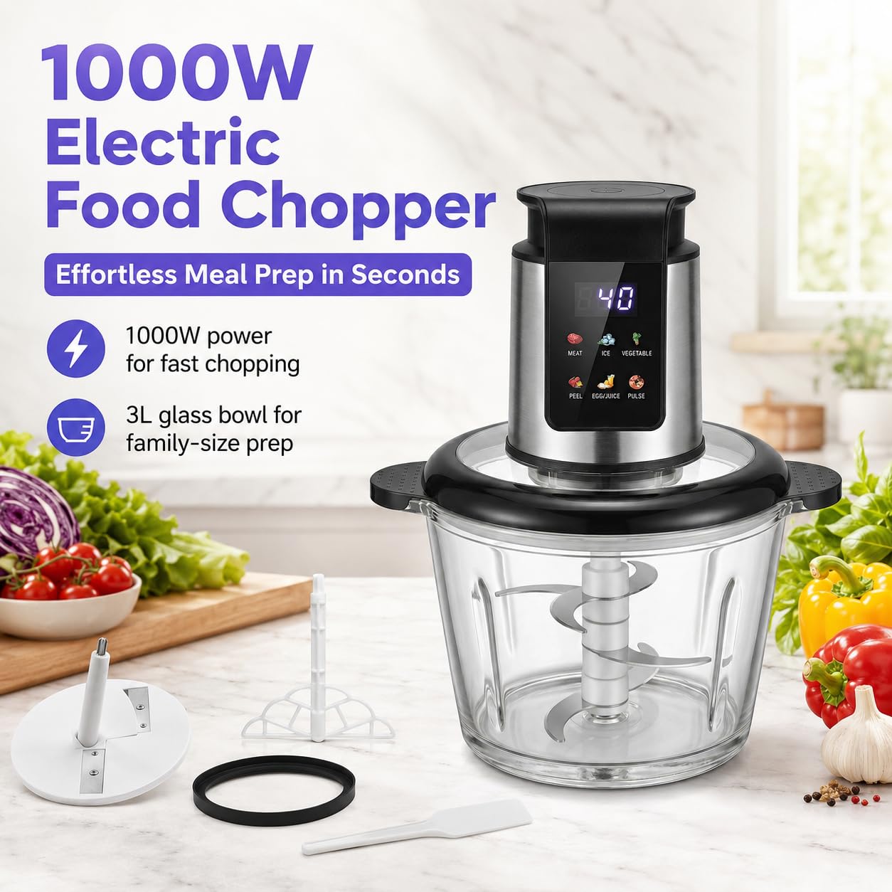Picadora de alimentos eléctrica de 1000W con picadora de carne, 6 temporizadores LED preestablecidos inteligentes, Ideal como procesador de alimentos picadora de verduras
