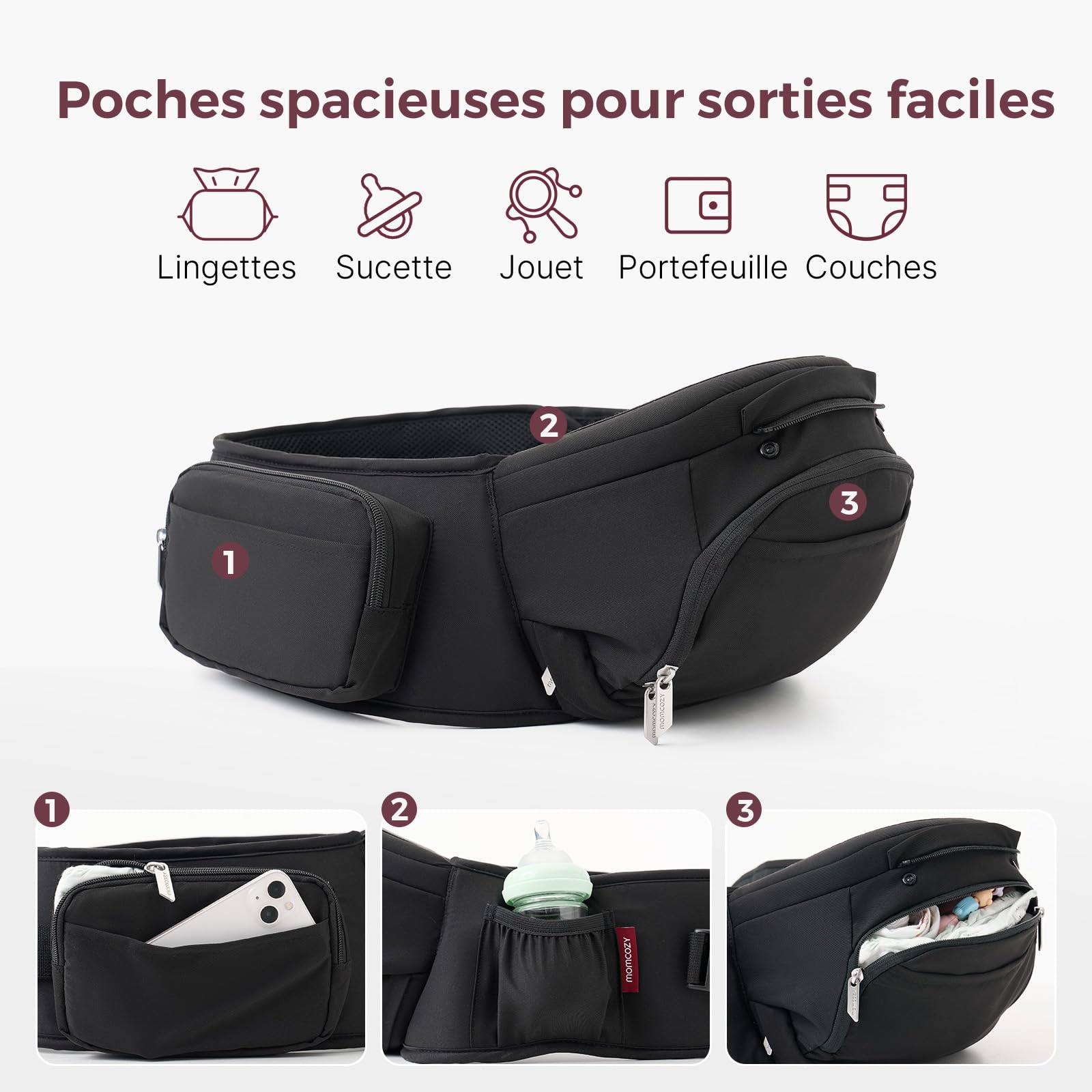 Momcozy Porte-bébé 2 en 1 avec coussin de hanche, réglable, amovible, jusqu'à 20 kg, respirant, soutien lombaire, noir