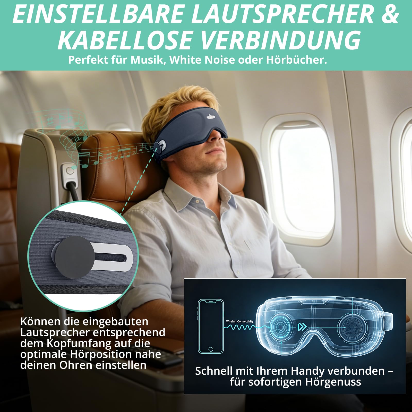 VINTEAM 3D Augenmaske mit Kopfhörern - Komfortable Bluetooth Schlafkopfhörer Memory-Schaum & Verdunklung Einstellbar & Tragbar für Seitenschläfer Reisen Nacht Entspannung