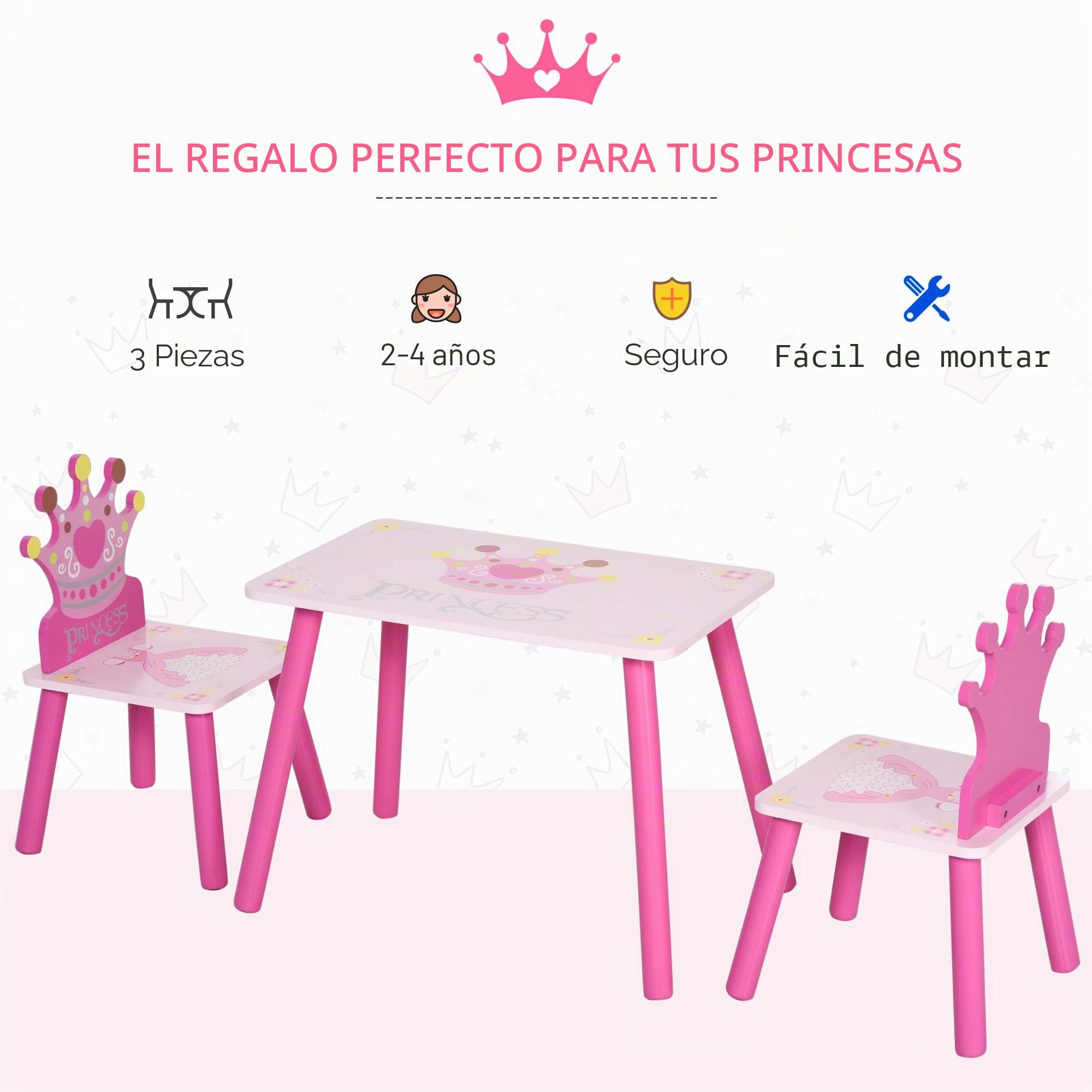 HOMCOM Juego de Mesa y 2 Sillas Infantiles de Madera Set de Mesa de Escritorio 55x34x42 cm y Sillas 28x26x50 cm para Niños 2-4 Años para Salas de Juego Dormitorio de Niño Rosa