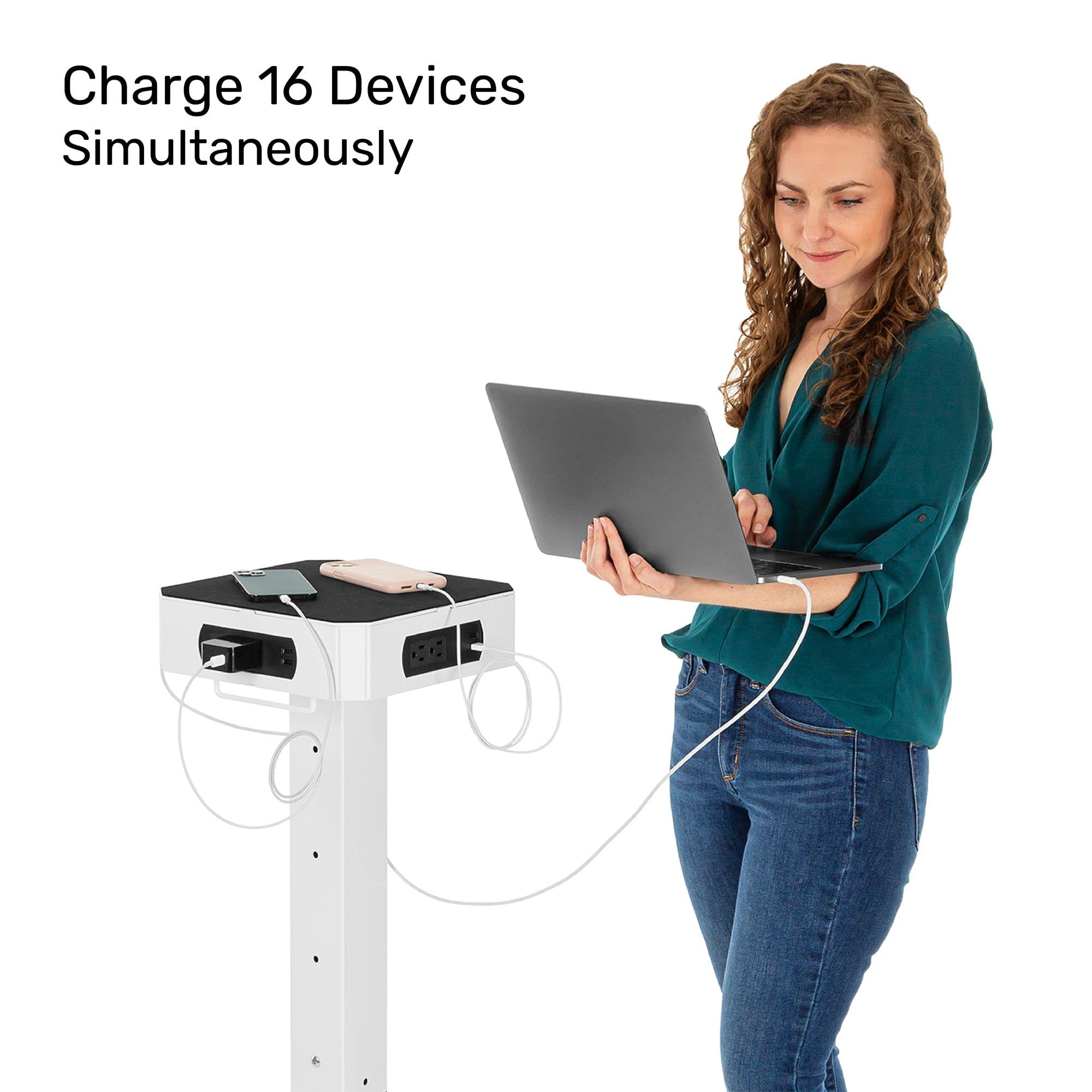 PowerPro Rolling Charging Station Tower | Portable Charger with 8 USB Ports & 8 AC Outlets | Multi-Device Charging for Schools, Offices & Events | Mobile Design, No Assembly Required (White)