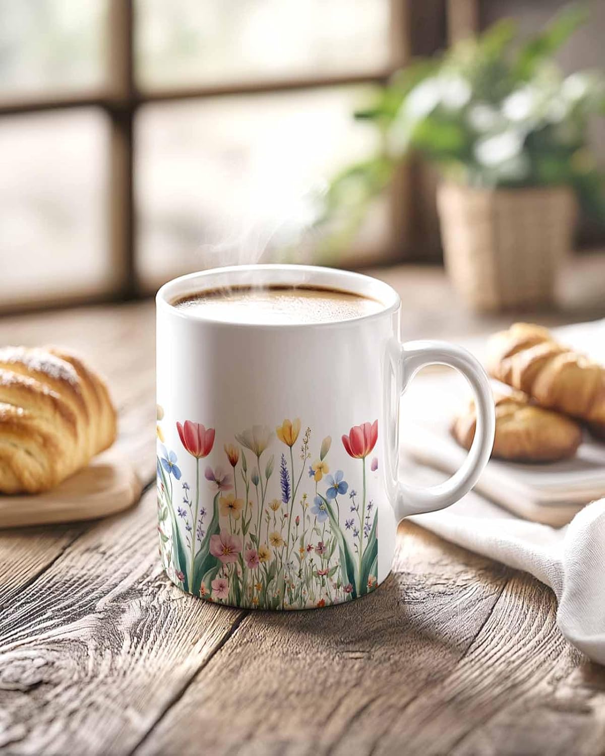 BEMIGO Ceramic Coffee Mug Spring Floral Field Ceramic Mug White Cup, Colorful Wildflower Insulated Coffee Cup with Handle with Pattern Perfect for Tea and Hot Beverages, 12oz