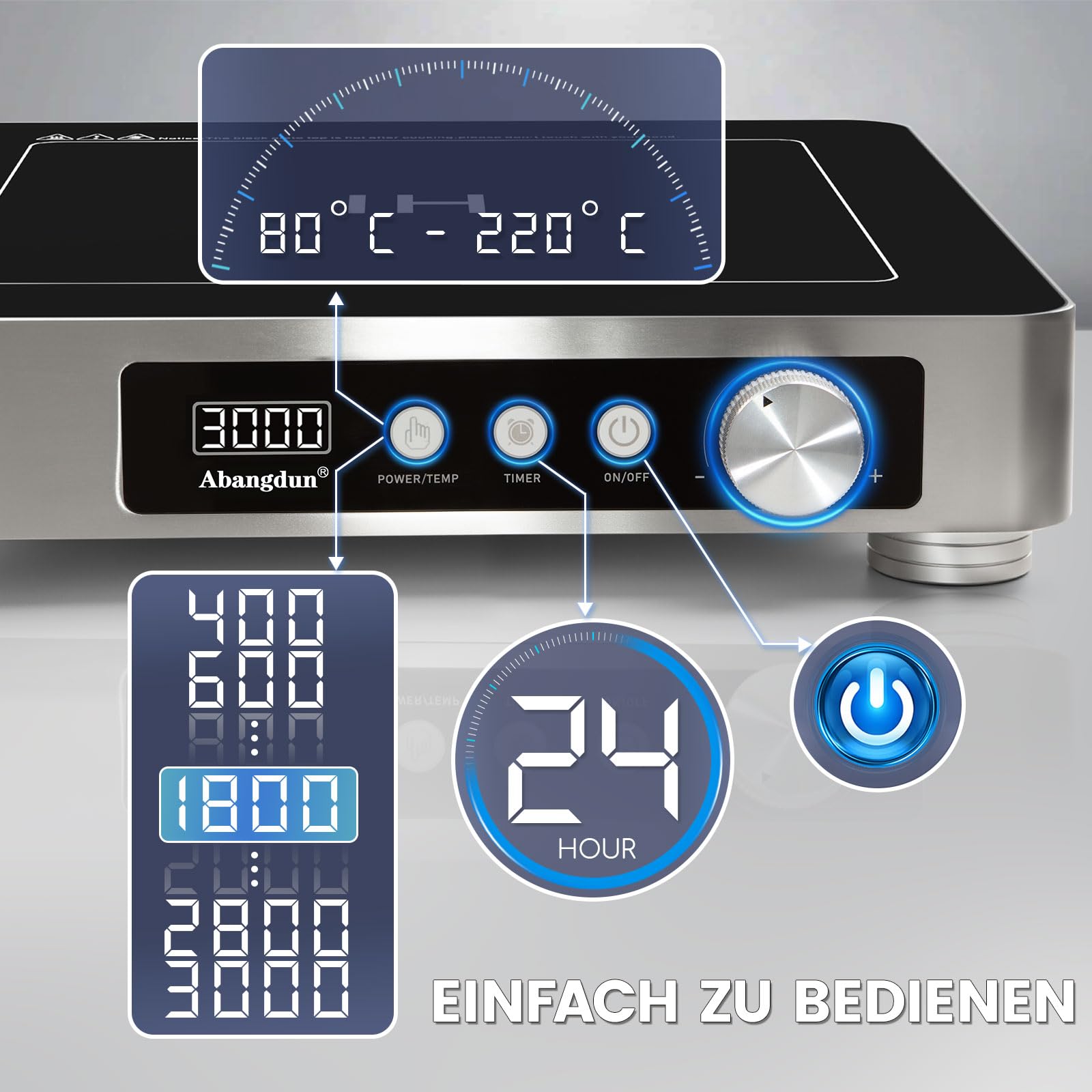 Plaque de cuisson à induction commerciale 3000 W – 190-275 V avec 16 niveaux de puissance, 60 à 220 °C, minuterie 18 h, acier inoxydable et verre, pour restauration, restaurant et cuisine