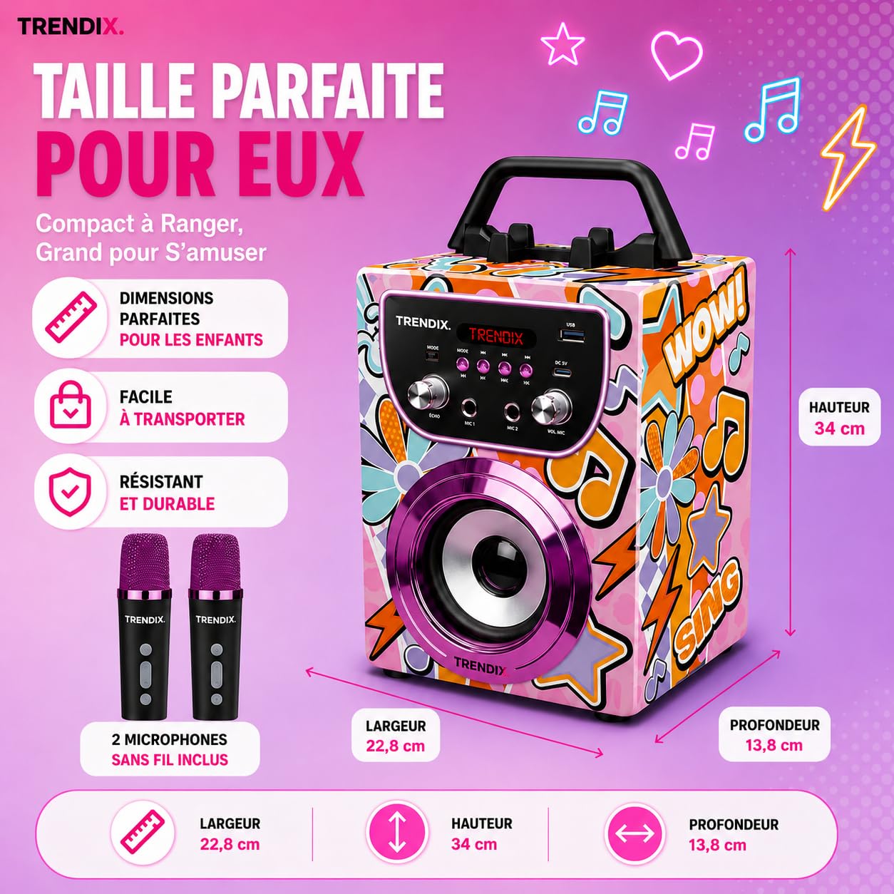Trendix - Karaoke Enfant Magic Melody | Enceinte Karaoke 2 Micro sans Fil | Karaoké Enfant 2 Microphones | Enceinte avec Micro sans Fil | Enceinte Bluetooth Portable | Cadeau
