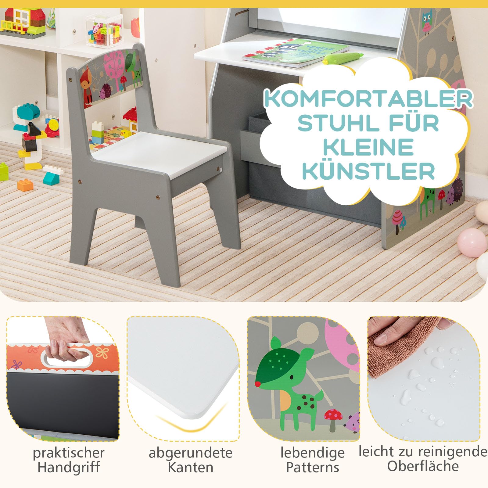 GOPLUS Kinderstaffelei Spieltisch mit Stuhl, Kindertisch und Stuhl-Set mit drehbarer doppelseitiger magnetischer Tafel & Whiteboard, Bücherregal & Aufbewahrungsfach, Maltisch für Kinderzimmer(Grau)