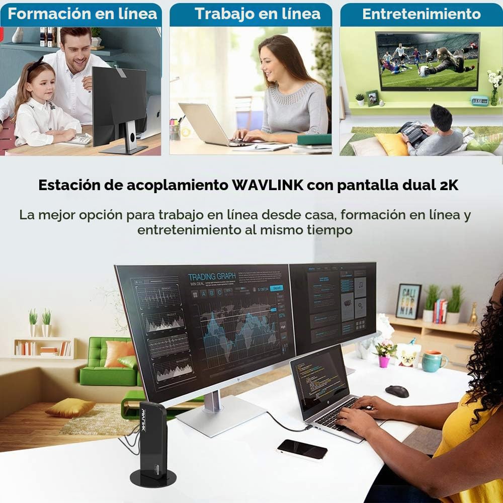 WAVLINK USB 3.0 Bases de Conexión Docking Station Pantalla Dual con HDMI y DVI/VGA con Gigabit Ethernet, 6 Puertos USB, Audio para MacBook Neo, Ultrabook y PC, Oficina en casa más eficiente