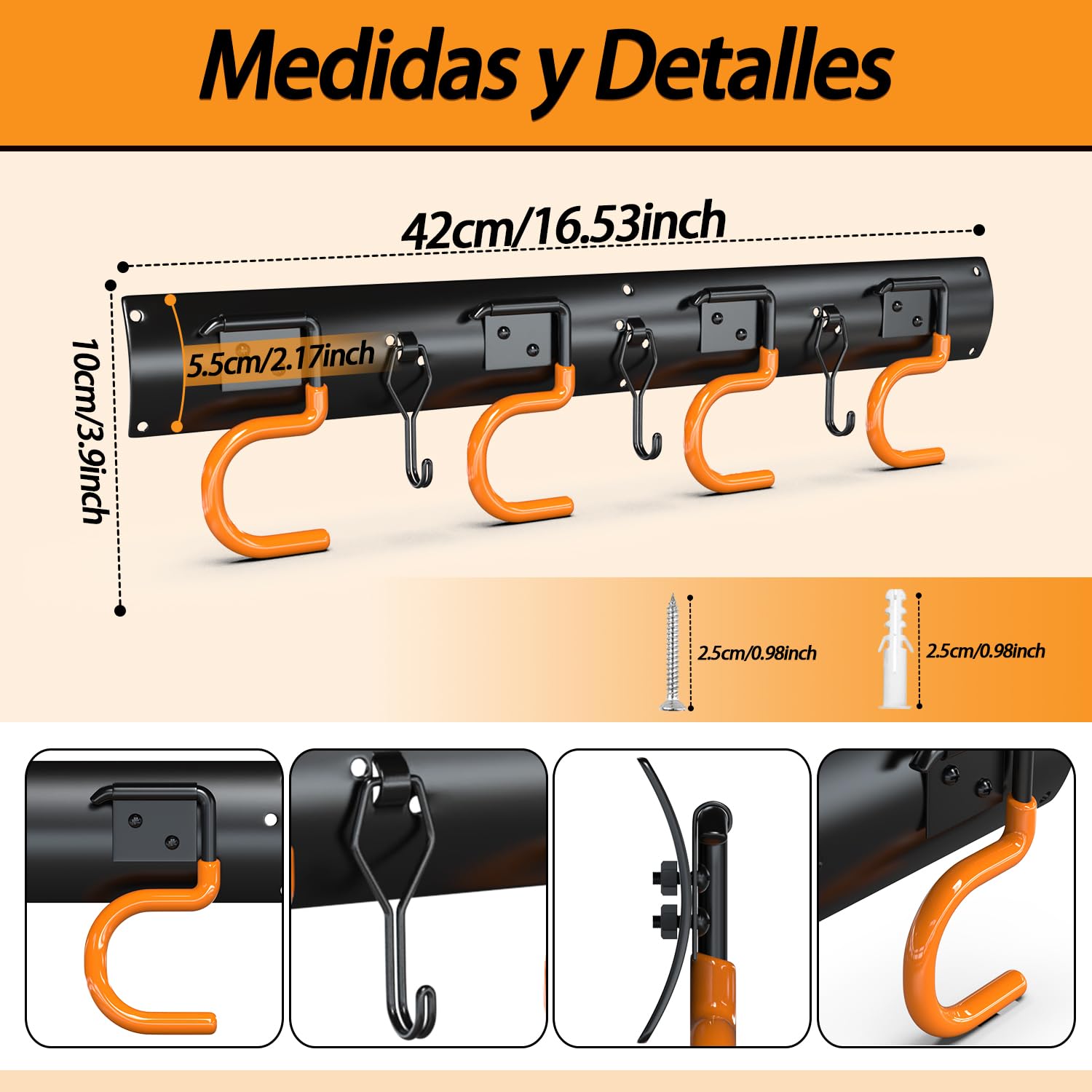 3-H Soporte Herramientas Pared 4x42cm, Organizador Herramientas Pared Acero Macizo Ajustable, Ganchos Garaje para Colgar Impermeable con 16 Ganchos +12 Pequeños, Jardín Garaje Baño(168cm/66.14inch)