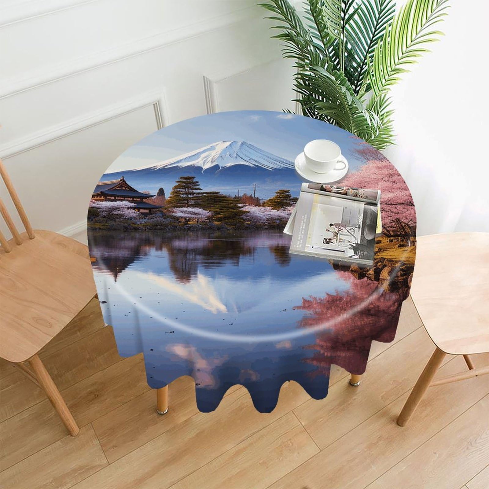 VstaDank Mount Fuji Cherry Blossom Trees Tablecloth Easy to Clean Polyester Round Table Cover Washable Round Table Cloth Wrinkle-Free Circle Decoration Tablecloth for Kitchen Dining Room 60"