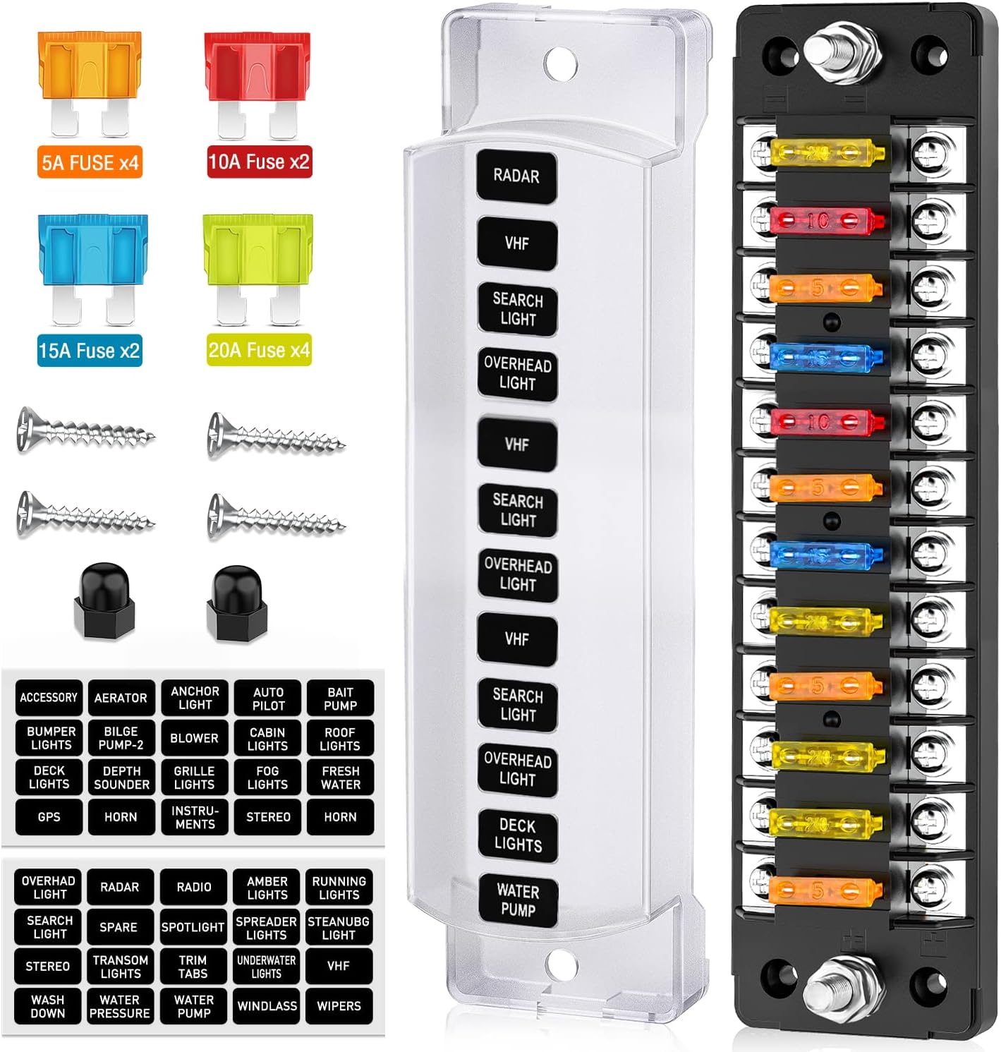 Nilight 12 Way Fuse Block with Negative Bus 12V Blade Holder ATC/ATO Standard Box Label Stickers Waterproof Cover Panel for Automotive Cars Trucks RVs Campers Vans