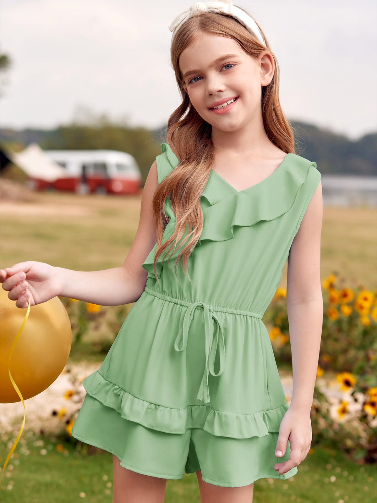 Haloumoning Tuta da bambina con orlo a volant, vestibilità larga, senza maniche, per bambini, estiva, casual, con tasche