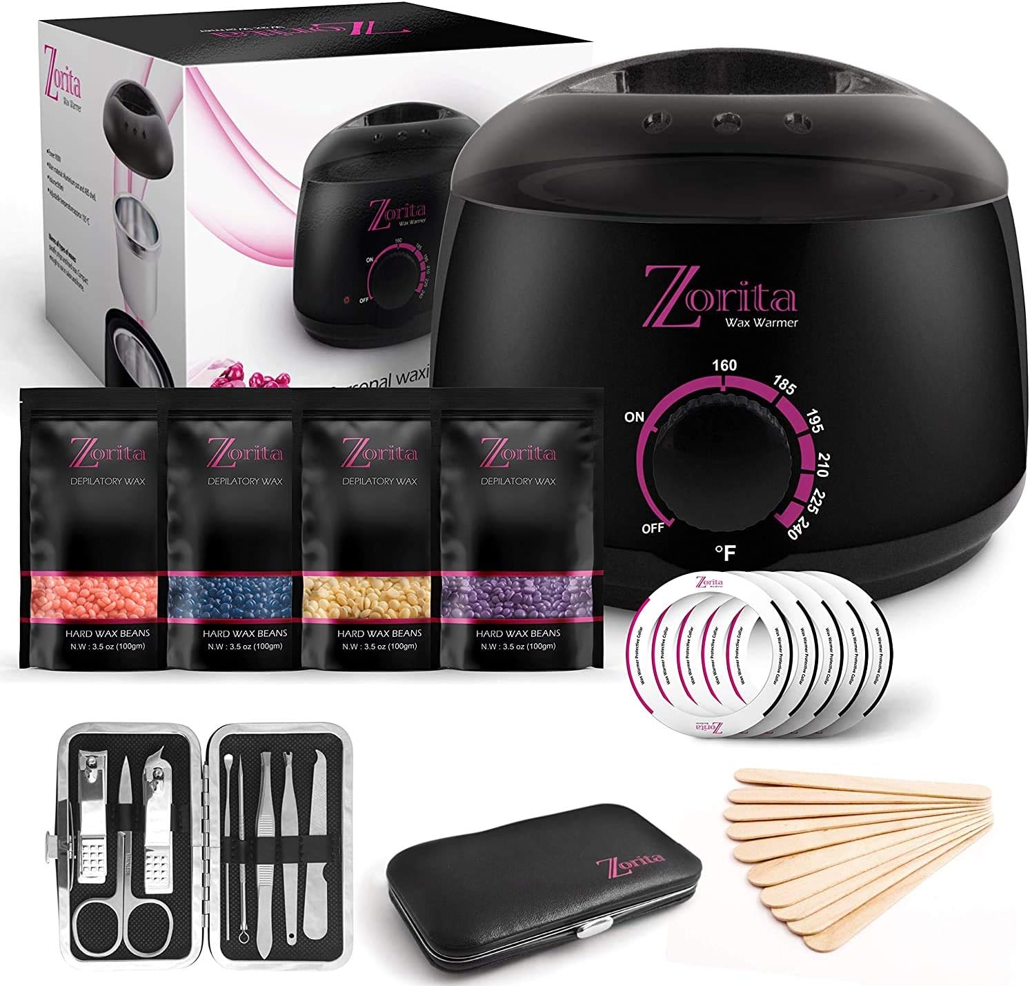 Wax Warmer Hair Removal kit,Professional home heater machine,Hot waxing melts pot stripless, facial body bikini brazilian with 4 pearl hard wax beans+Applicator sticks+Manicure set for Women & Men