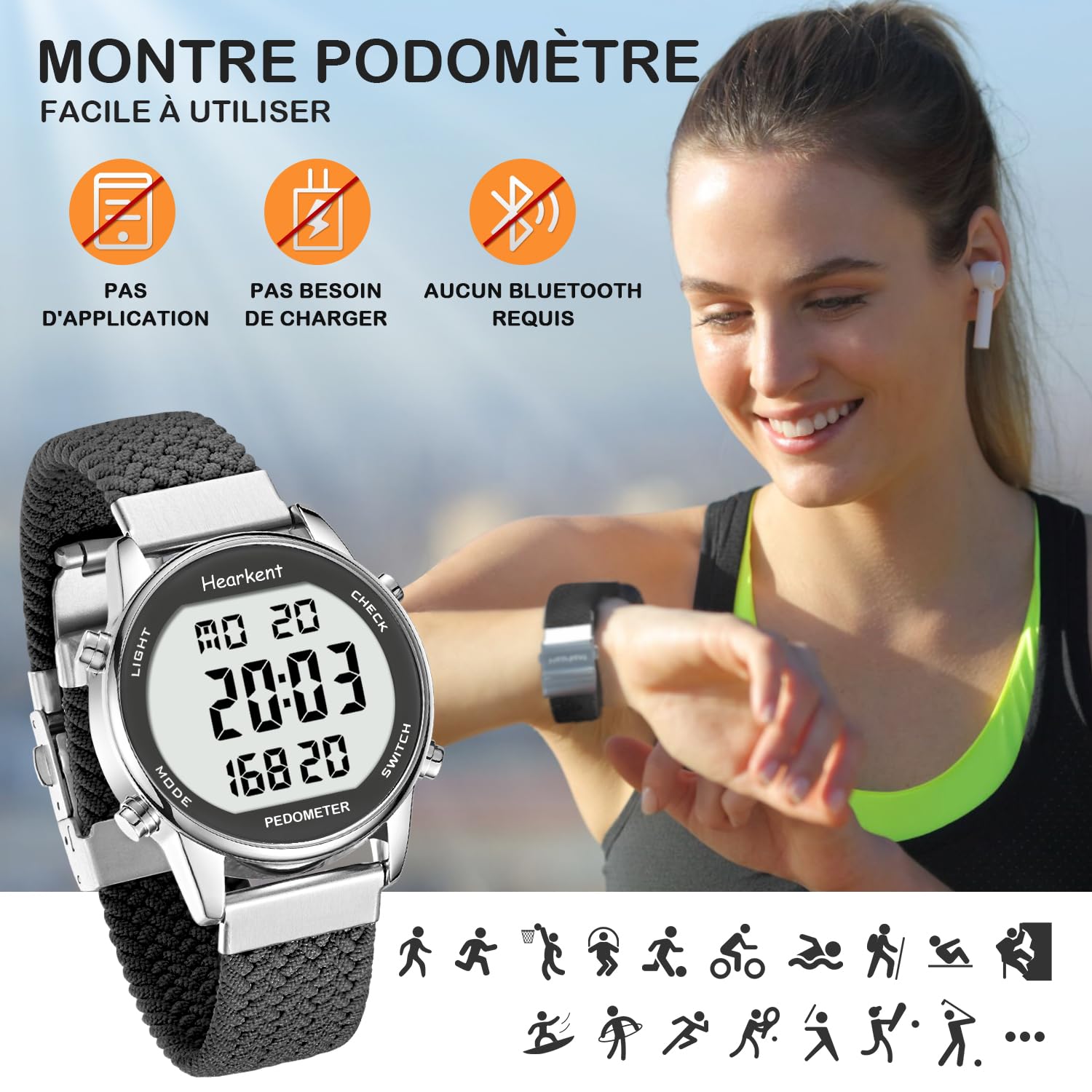 Montre podomètre Femme, Bracelet en Nylon Souple, sans Application ni Charge nécessaires, avec comptage de Pas, de Calories, de Distance, Horloge et rétroéclairage d'écran
