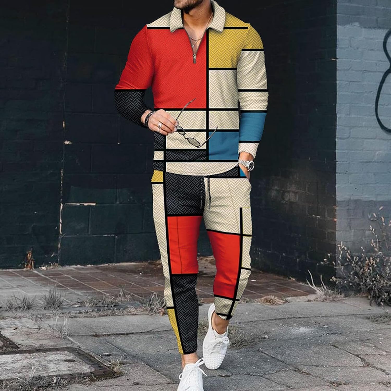 Mens Tracksuit Set 2 Piece Long Sleeve Polo Shirt and Pants Jogging Sweatsuits Sets Casual Fashion Vacation Outfits Loungewear Red Yellow Black and Blue Mixed Size M - Image 2