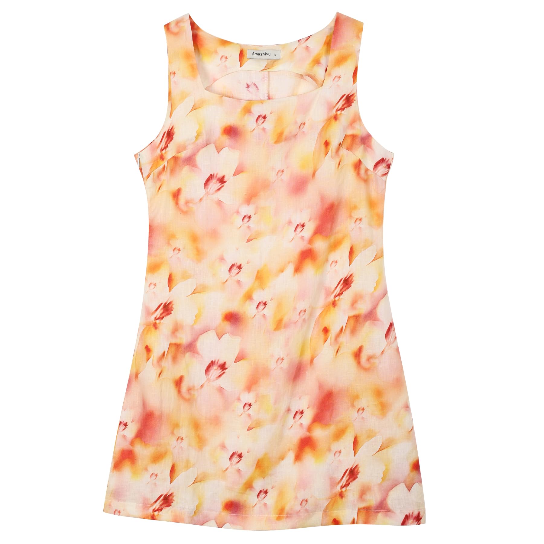 Amazhiyu Vestido de lino para mujer, de verano, corto, sin mangas, mini vestido de flores
