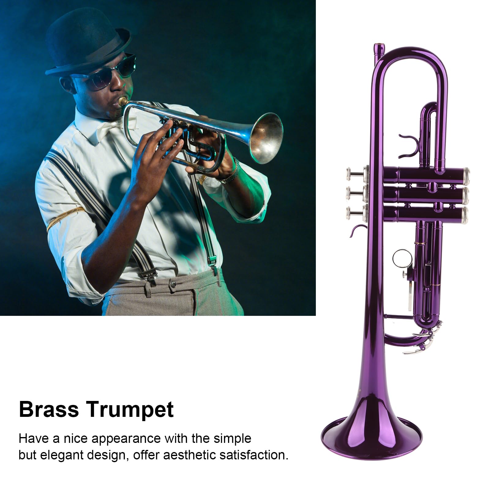 Keenso Juego de trompeta Bb de latón con boquilla extraíble, cuerpo de cobre y bolsa de almacenamiento para principiantes, estudiantes, bandas, para practicar instrumentos musicales (PURPLE)