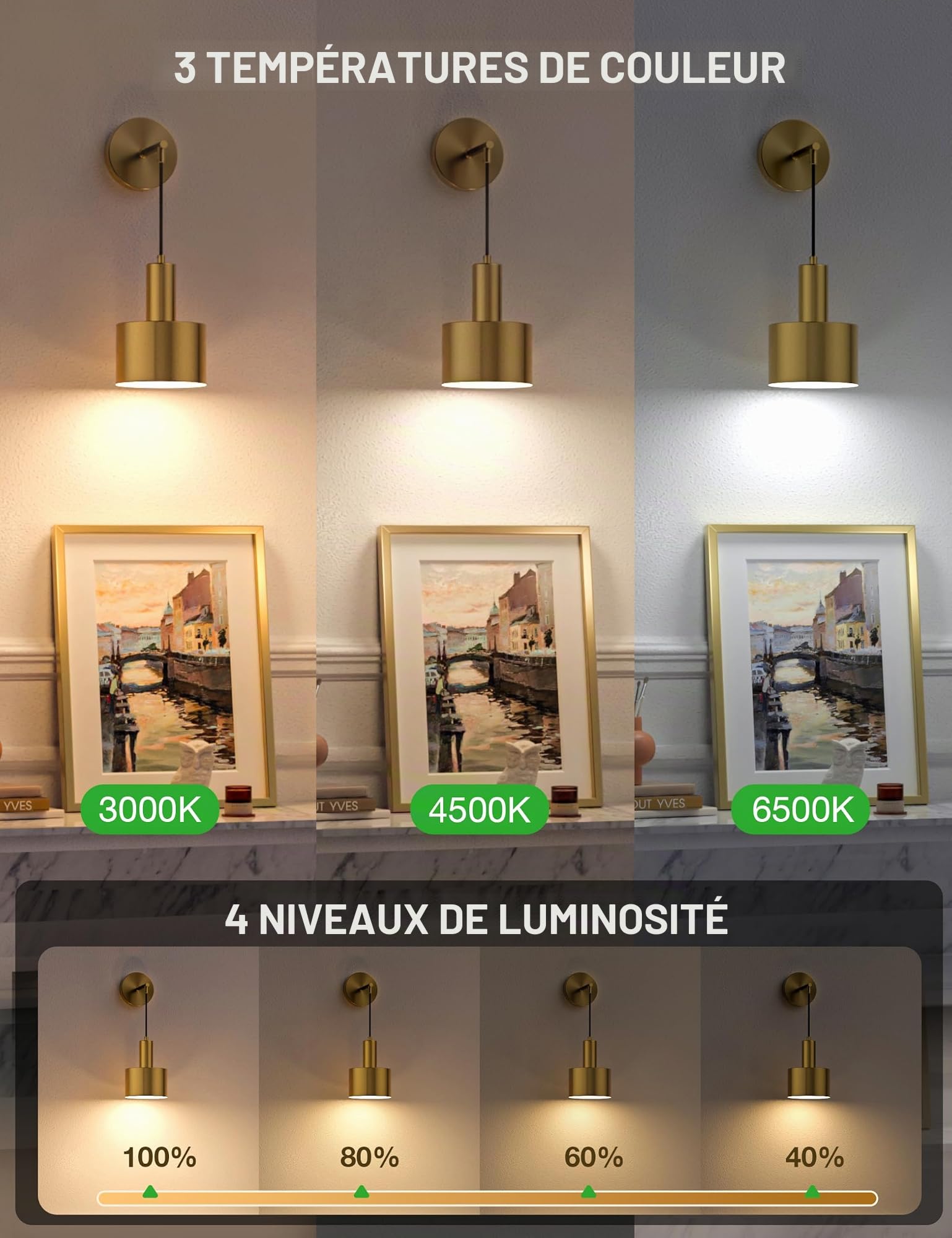 NIORSUN Appliques et mural à piles, applique intérieure dorée avec ampoules amovibles à intensité variable, 5200 mAh et télécommande
