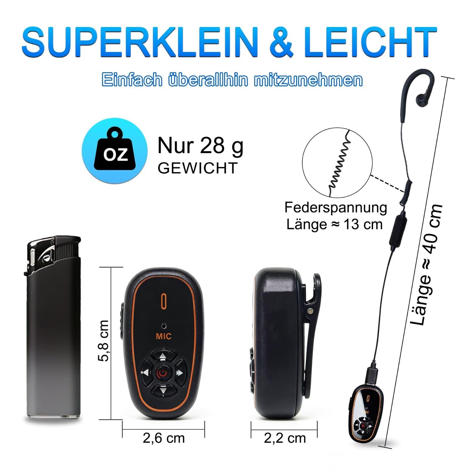 T-M12 Mini Funkgerät mit Headset KI-Sprachsteuerung Hände Frei | Typ-C Wiederaufladbarer 16 Kanäle 28g Leicht Mini Walkie Talkies für Gastronomie Einzelhandel Outdoor Reisen (2 Stück)