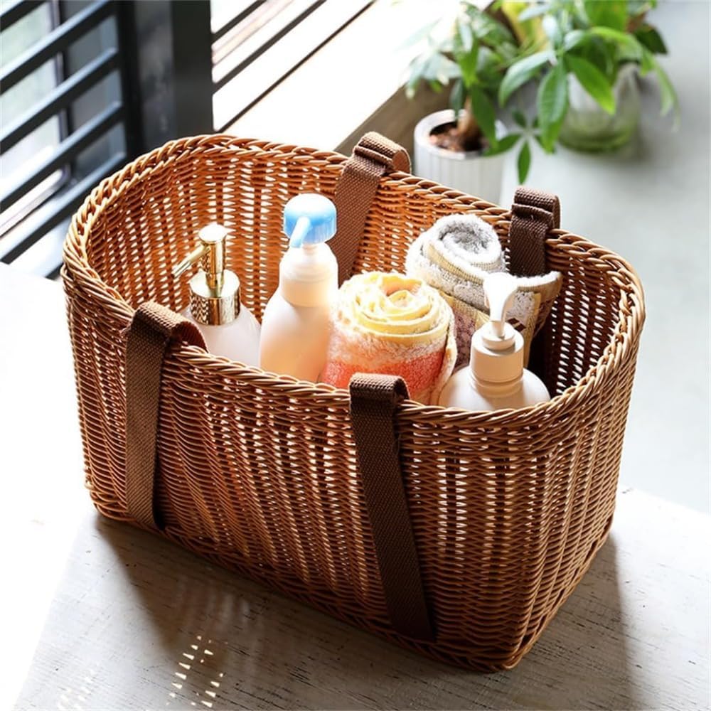 手編み籐ラタン製買い物かご ナチュラル風 ピクニック/野菜/フルーツ収納に適し 【パティオログスタンドツール】 卓上家庭用カゴバック (Small,グリー