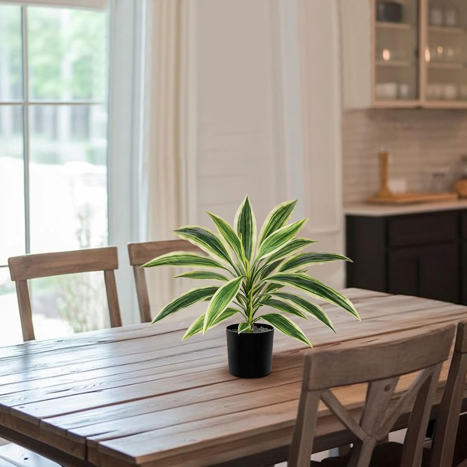 Oairse Artificial Plants Indoor with Pot, 18" Fake Potted Plants Medium Artificial Dracaena Plant in Black Pot Faux Tropical Plants for Bathroom Living Room Office Desk Shelf Decor - Image 6