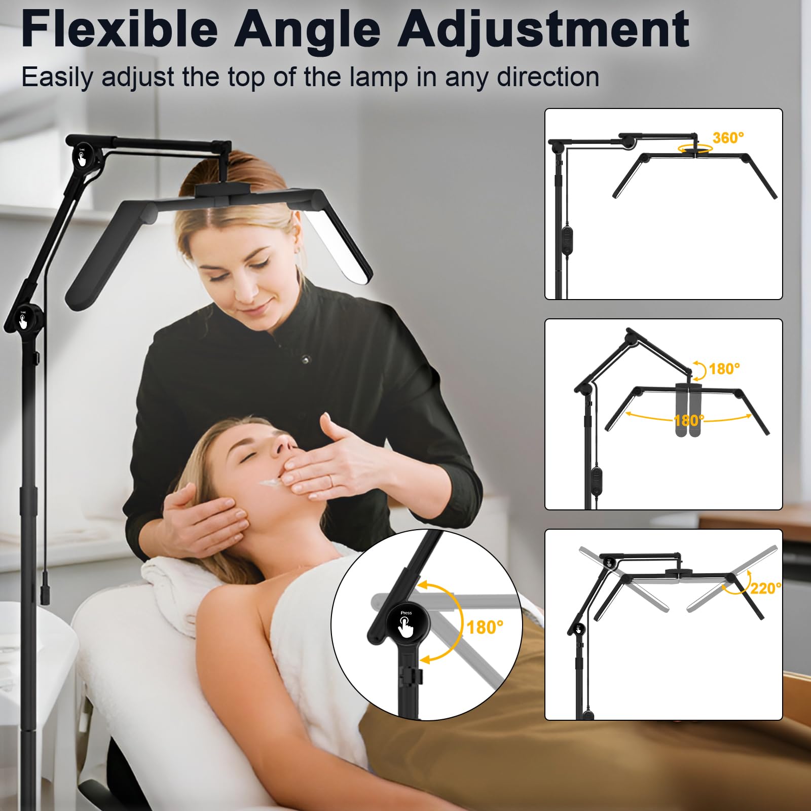 CGBE Lámpara Extensiones Pestañas de Pie: Ultra Ancha Plegable Lámpara Pestañas con Cabezal Giratorio 360° - Base Rodante - Altura Ajustable - Lampara Estetica con Soporte Móvil para Pestañas/Tatuajes
