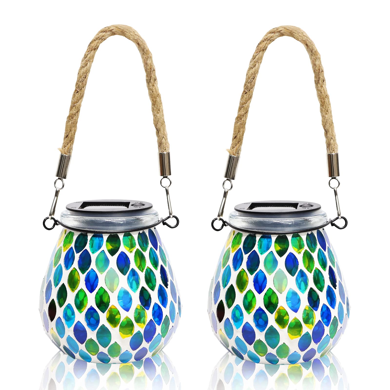 NEWNEN 2 Pack Mosaic Solar Lanterns Lights Outdoor Waterproof Hanging Solar Lights Solar Tabletop Decorative Table Lamps for Garden Backyard Porch Patio Lawn Party Decor , Grass
