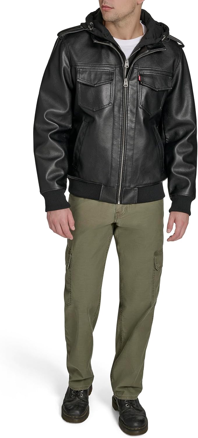 Levi's Men's Faux Leather Aviator Bomber Jacket With Jersey Bib and Hood - Image 8