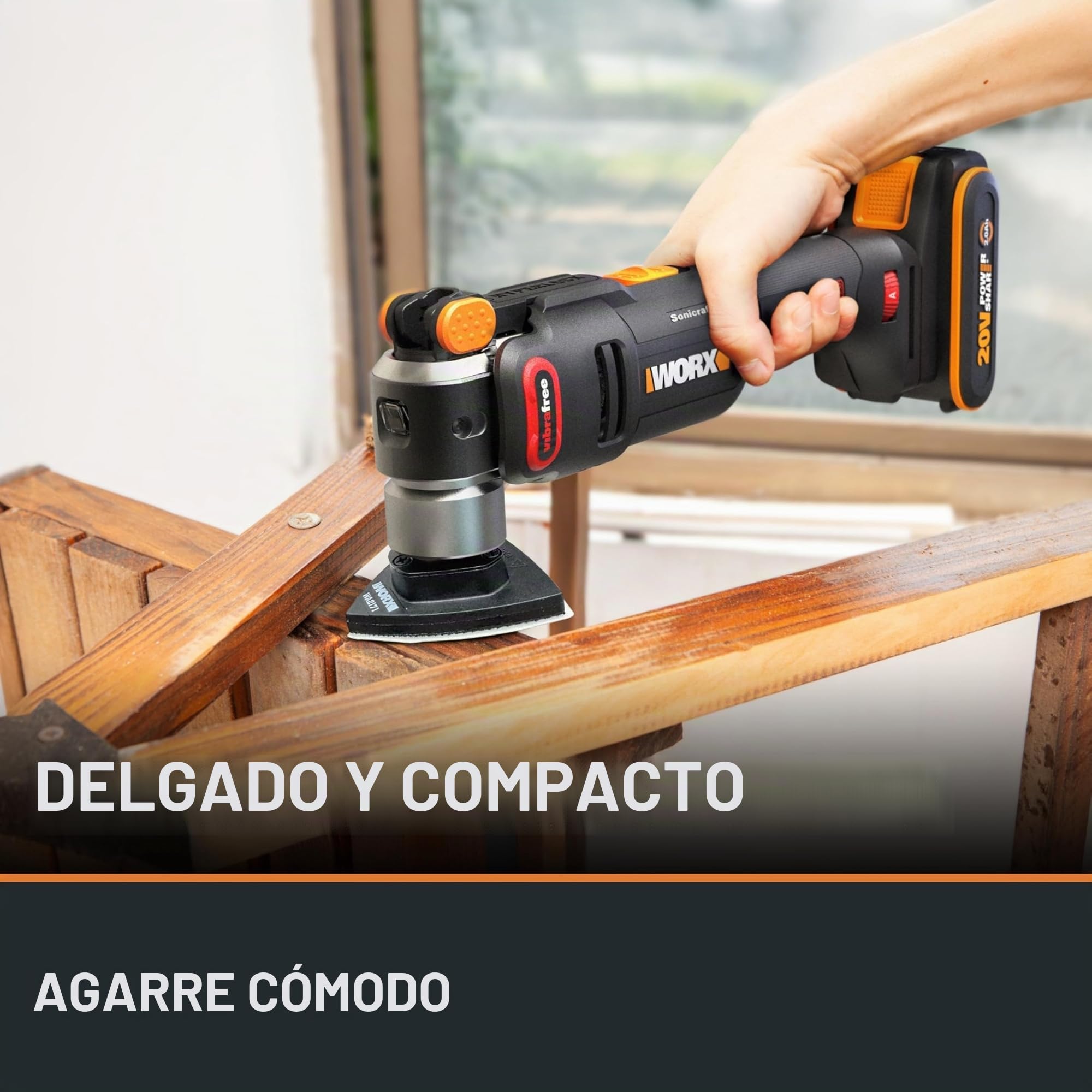 WORX - Herramienta multifunción inalámbrica sin escobillas de 20 V, WX698, multimaterial, fijación universal, viene con 2 cuchillas, 1 almohadilla de lijado, 20 papeles abrafis, 1 batería de 2 Ah y