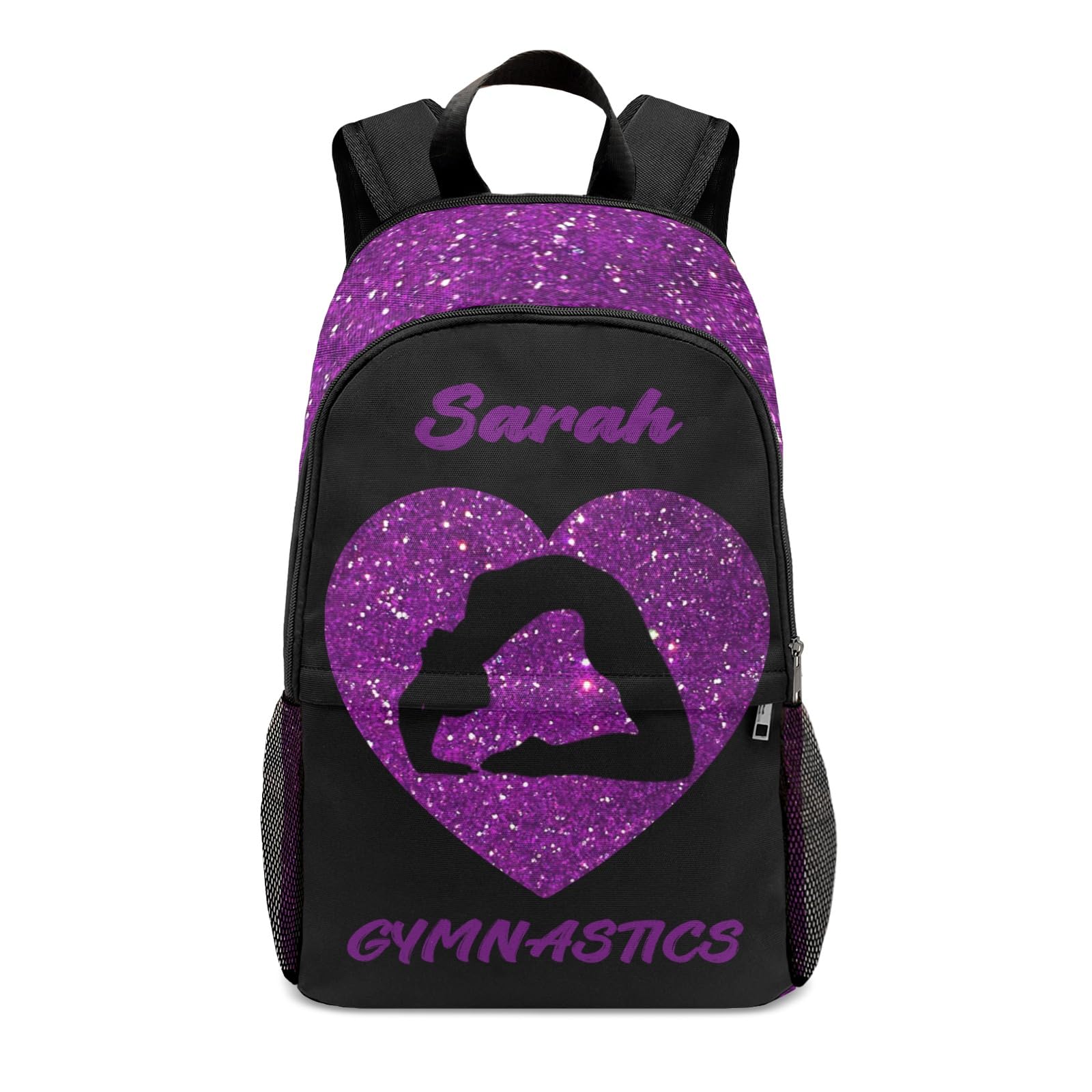 XOZOTY Customized Gymnastics Purple Bling Print Backpack Personalized Name Schoolbag Multipurpose Daypack Sport Casual Travel Bags for Teen Adult