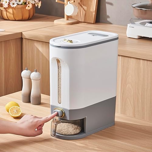 Miniatura 2 de Sooyee Dispensador de arroz de 22 libras, contenedor de grano grande con tapa, cilindro de medición a prueba de humedad, cubo dispensador de