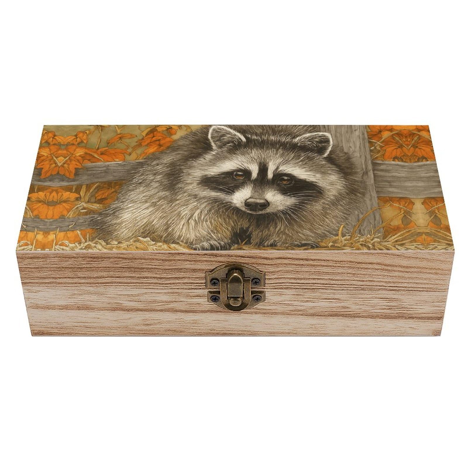 SMAZDFXX Rustic Autumn Raccoon on Haystack Wooden Storage Box Multipurpose Decorative Box for Jewelry Photo Home Decor