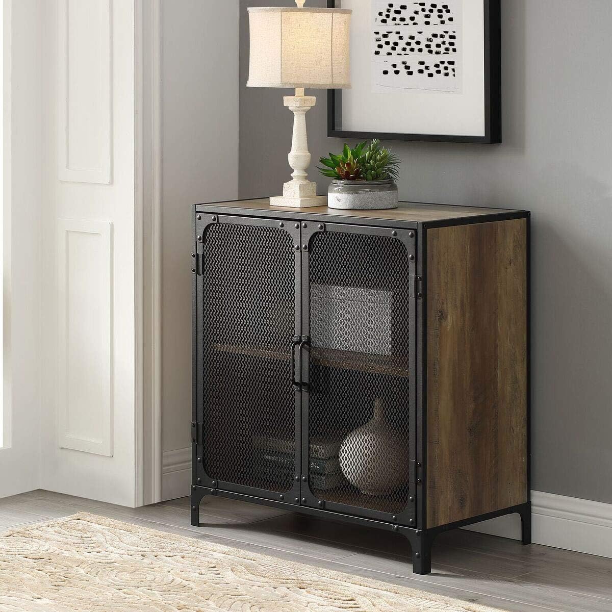 Walker Edison Malcomb Industrial Metal Mesh 2-Door Storage Cabinet in a living room setting