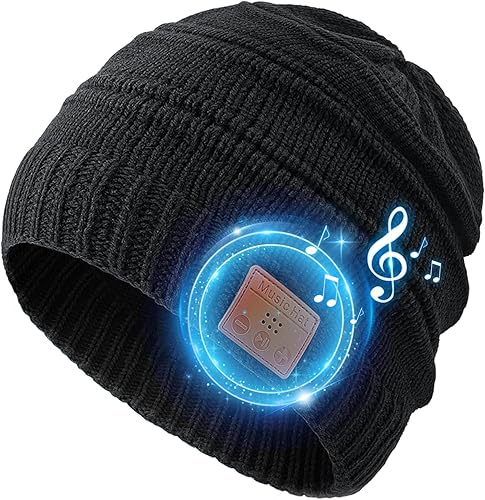 Gorro Bluetooth con Bluetooth para hombres y mujeres, cálido y suave con micrófono integrado y auriculares con altavoz estéreo (negro), Negro -