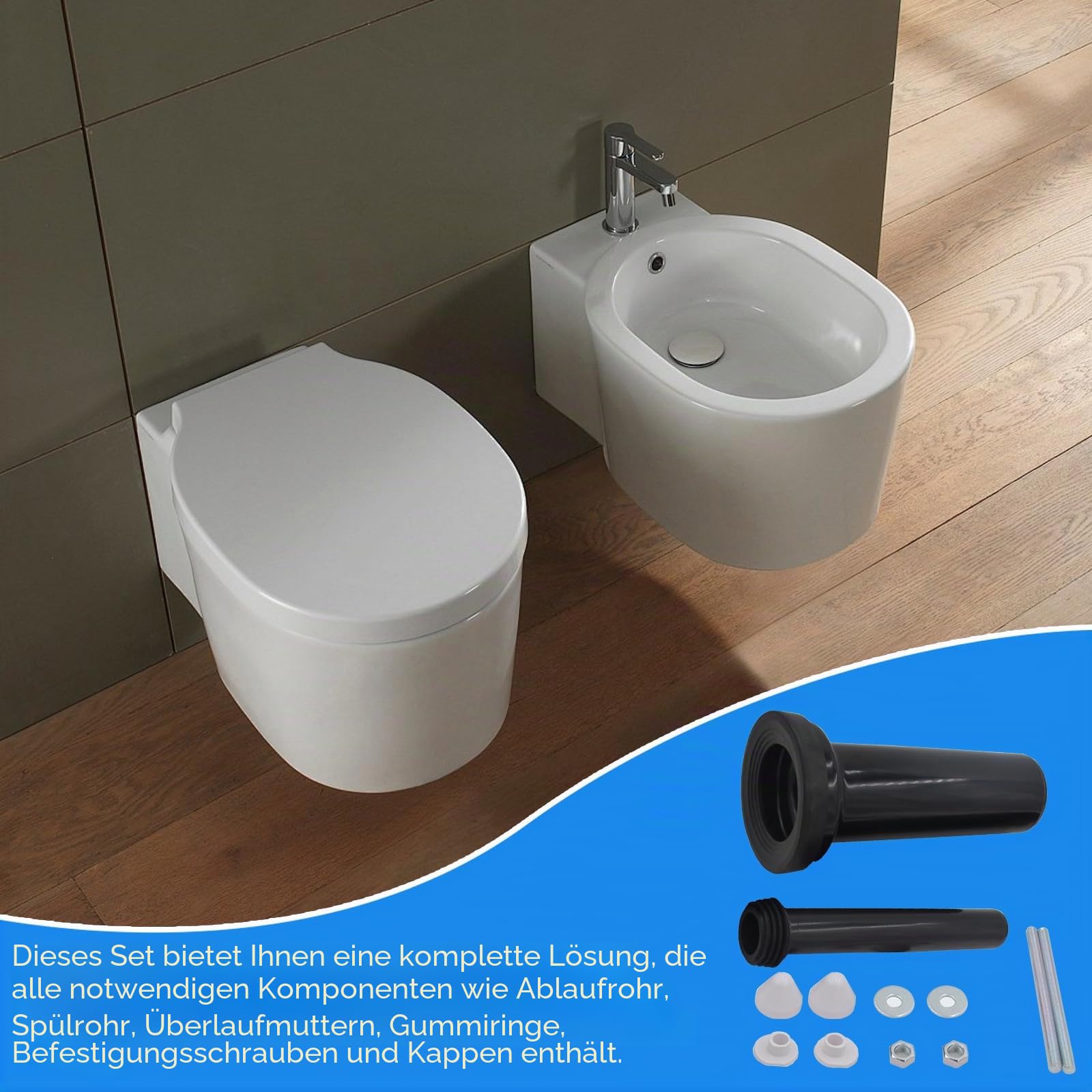 WC Anschluss Set 300mm, Anschlussgarnitur für Wand-WC mit Spülrohr Abflussrohr Kappen Dichtung und Befestigungsmaterial Montageset für Hänge-WC