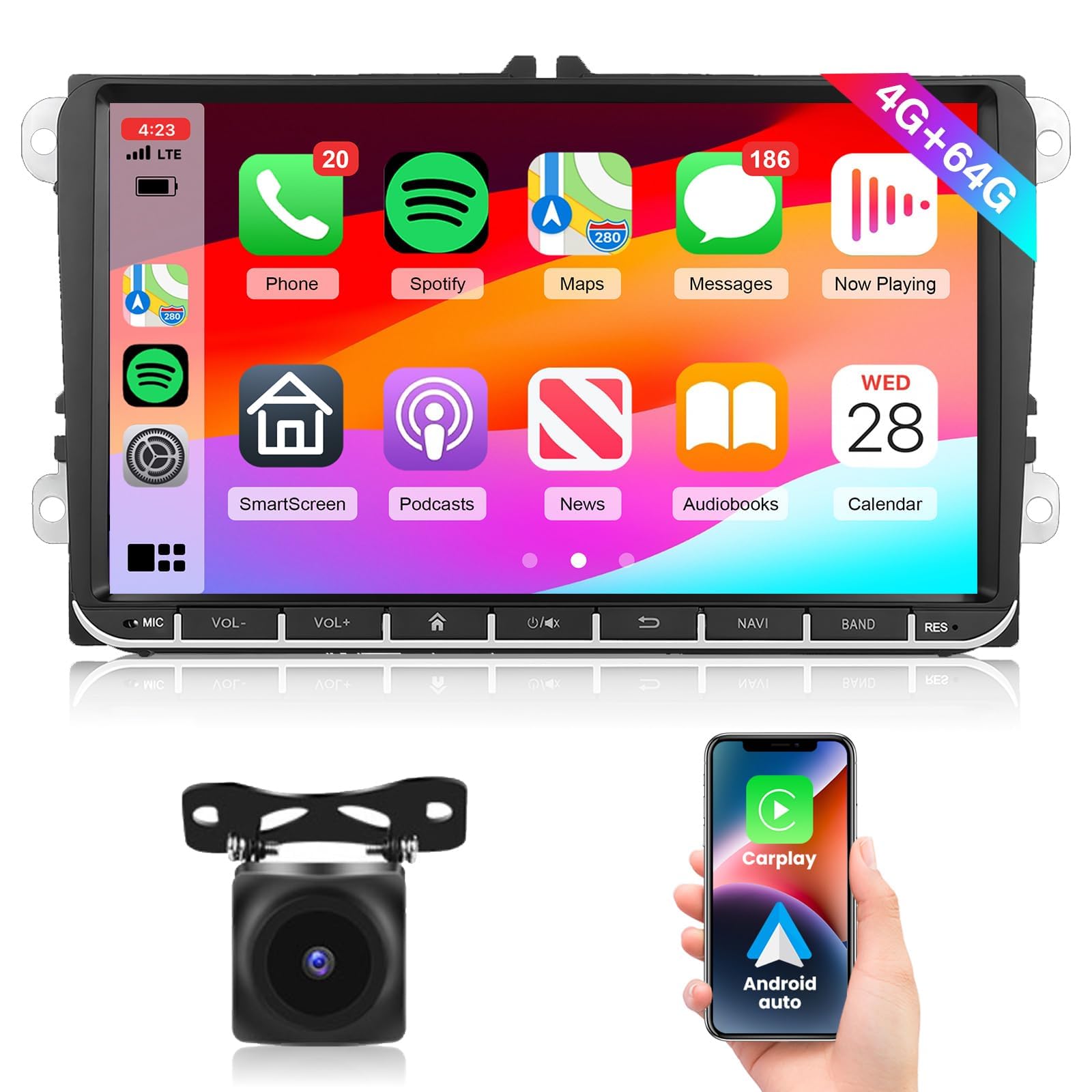 4G+64G Car Radio Stereo with Wireless CarPlay Android Auto, 9 Inch IPS Android 13 GPS WiFi Bluetooth DSP Audio Touch Screen Head Unit for VW Passat