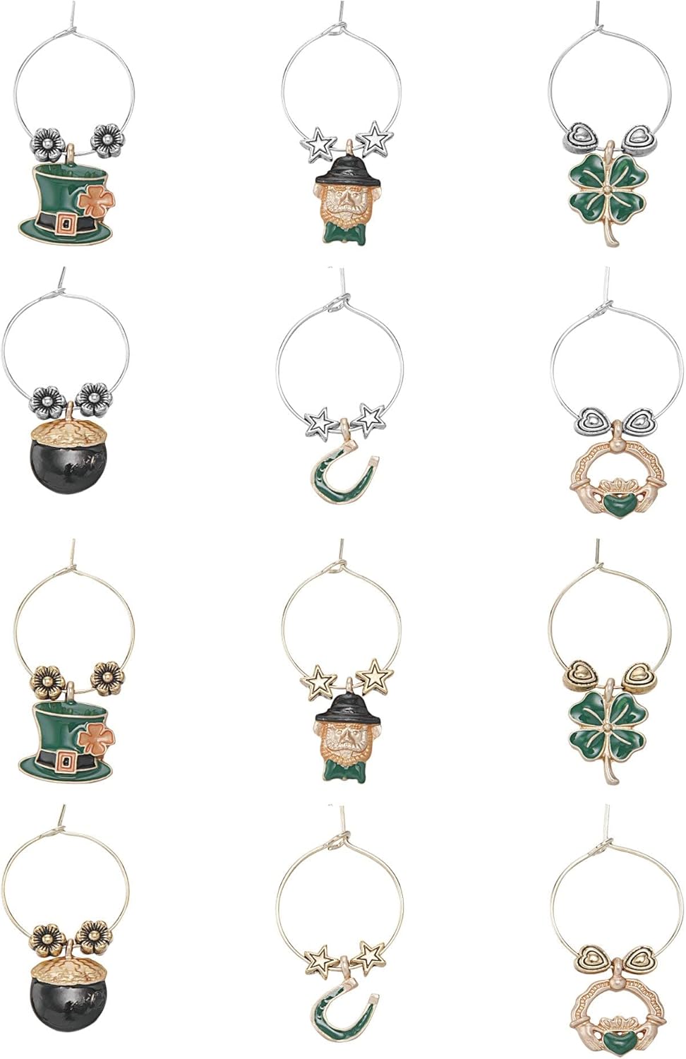 UPware Luck of The Irish Wine Charms, Zinc Alloy Wine Glass Tags for Stem Glasses, Drink Markers Identifiers for Parties, Tastings, and Entertaining, Multicolor, Set of 12