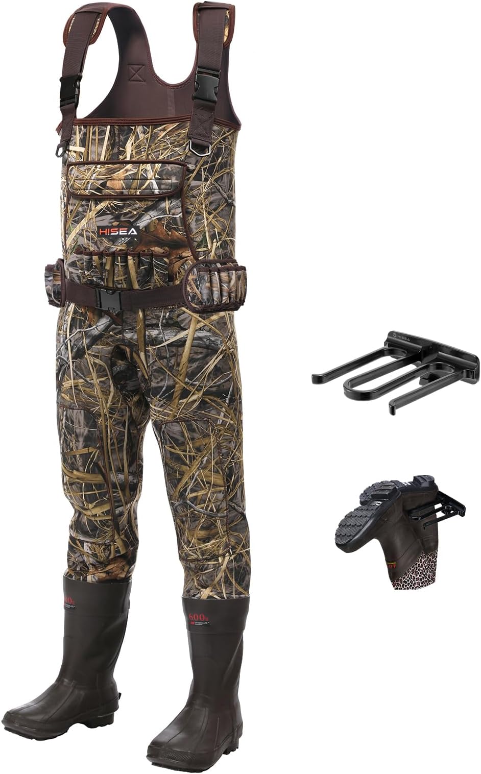 HISEA チェストウェーダー ネオプレン ダック ハンティング ウェーダー メンズ 600G 断熱ブーツ 防水 迷彩 ブーツフット ウェーダー ハンティング&フィッシングウェーダー 吊り下げベルトケースバッグ付き