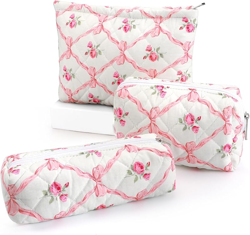 EIMMBD Conjunto com 3 necessaires de maquiagem em tecido de algodão, estojos com zíper, estampa floral rosa, modelo EI004