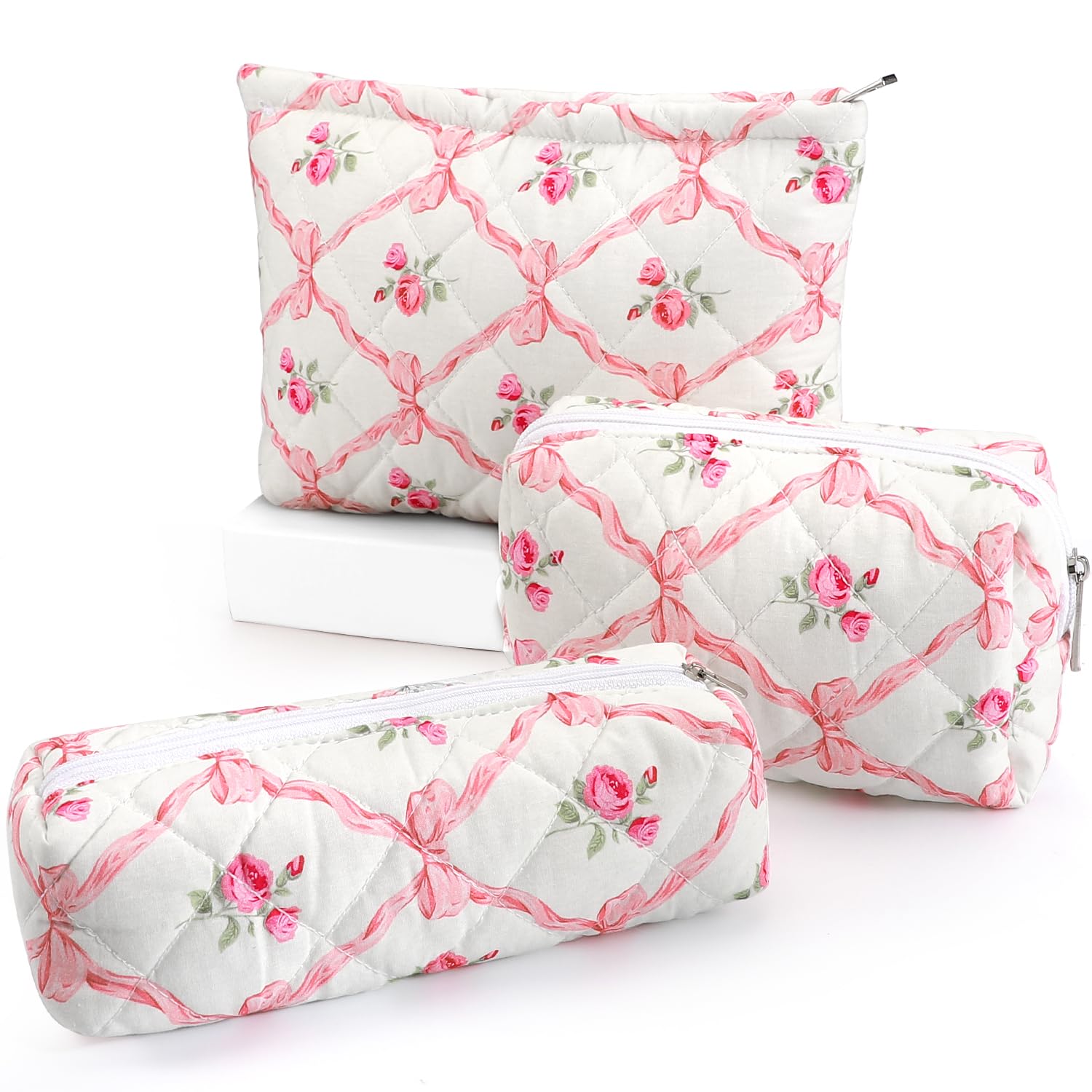 EIMMBD Makeup Bags 3 Pieces Large Capacity Floral Cosmetic Bag Travel Toiletry Bag Organizer Cute Makeup Bag Pouch Storage Bag for Women(Pink Floral)