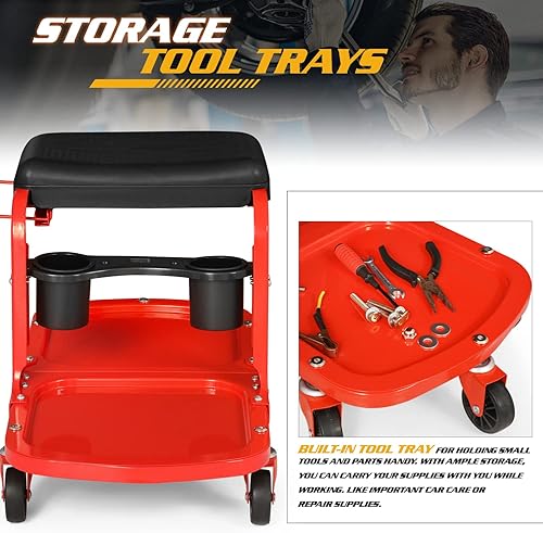 Miniatura 5 de Magshion Taburete mecánico de garaje con bandeja de herramientasestante y soporte para latas, asiento de rodillo de taller duradero con ruedas
