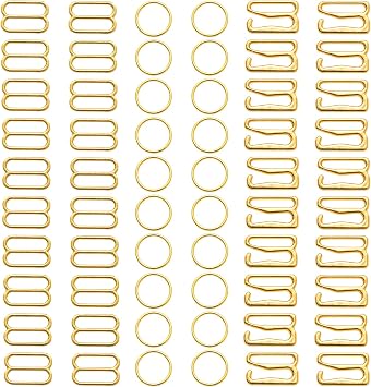 Lilaly 60 Pcs 12mm Bra Hooks for Straps 3 Styles Sewing Hooks Bra Rings and Sliders for Bra StrapsGold