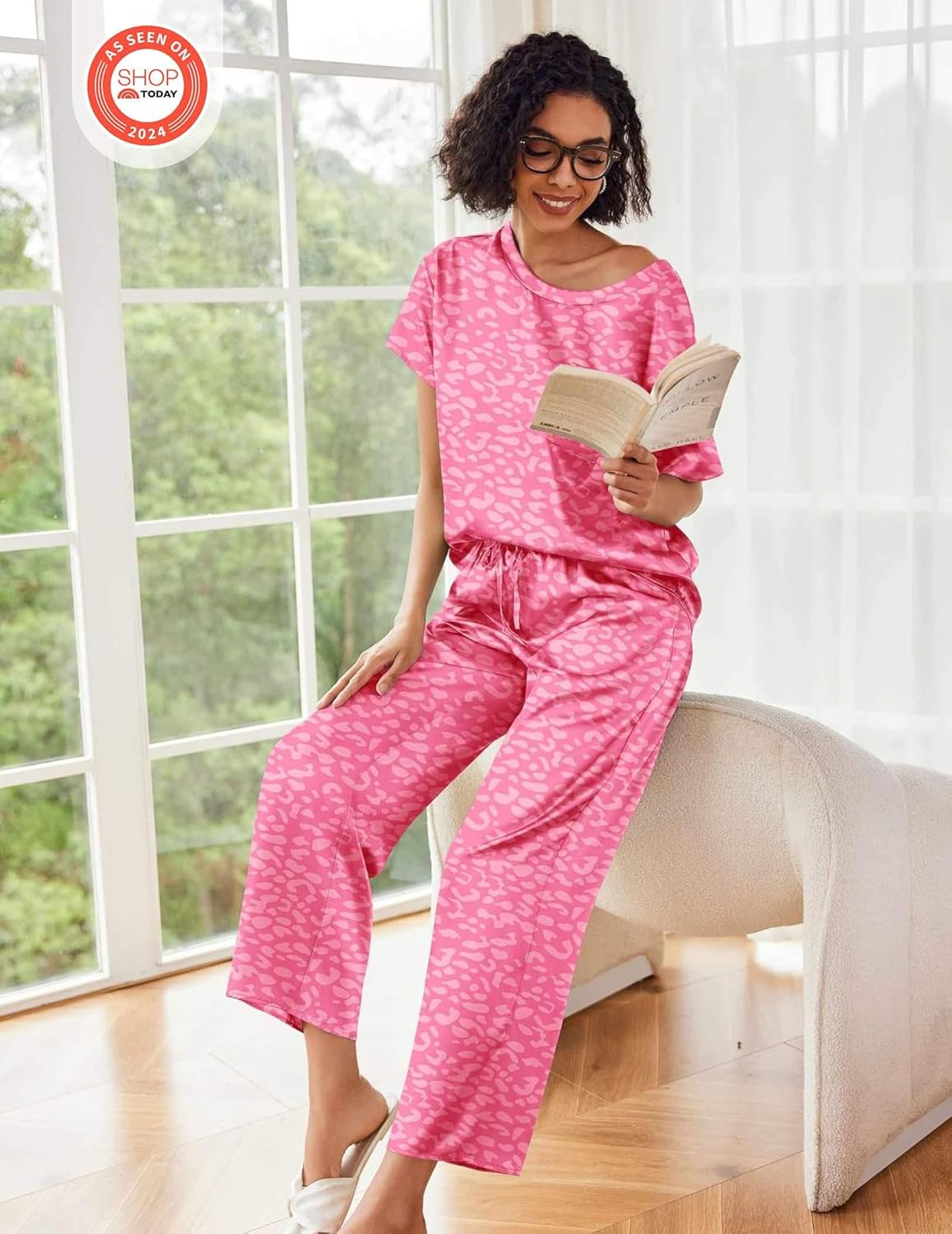 Ekouaer Womens Satin Silky Pajama Set Short Sleeve Shirt with Long Pajama Pant Set Soft PJ Loungewear - Image 2