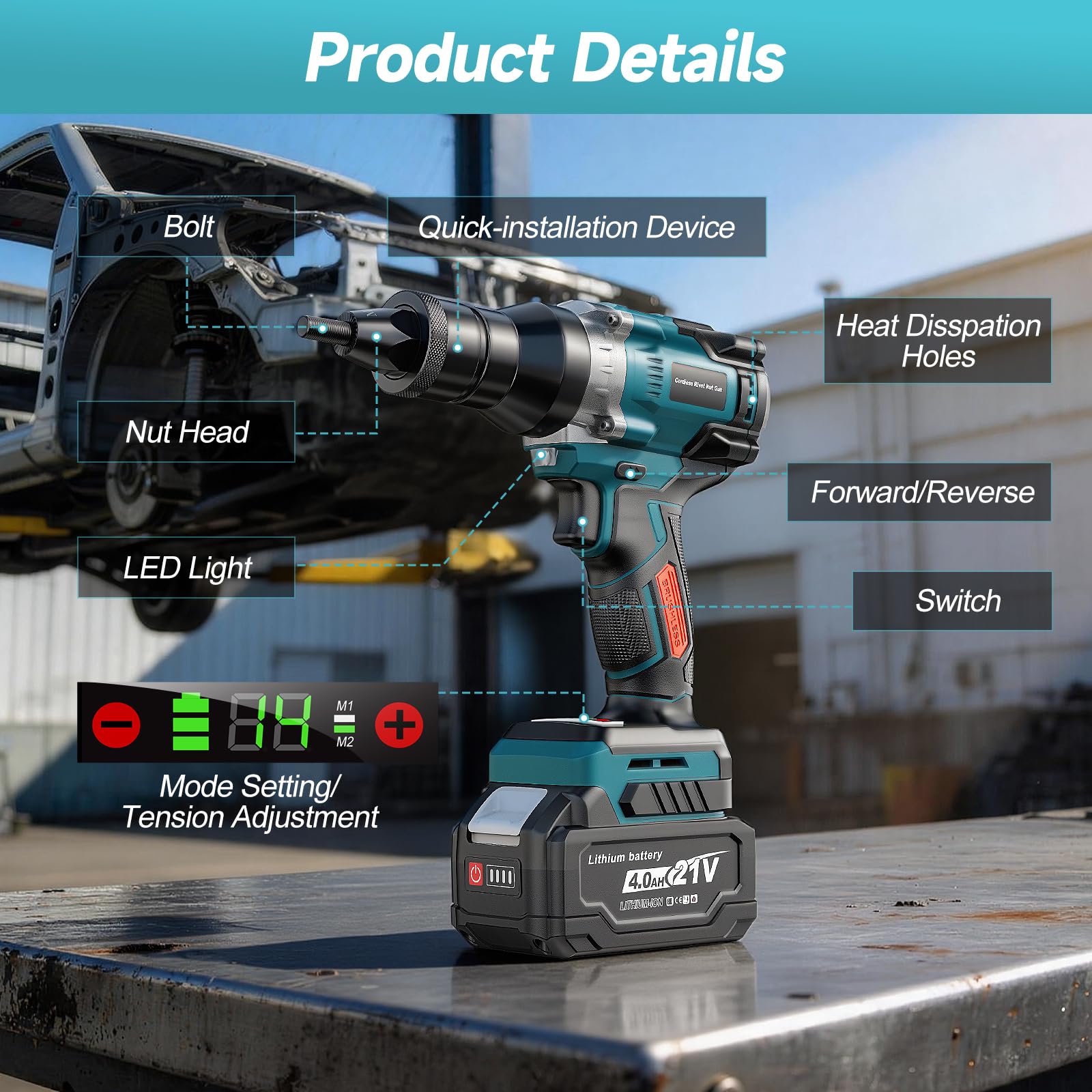 Yofuly Rivettatrice per Inserti Filettati a Batteria Compatibile con Makita 18V Batteria, Pistola Elettrico a Rivetti con 2 Batterie 4.0Ah | Modalità Automatica, con Dadi a Rivetto M6/M8/M10