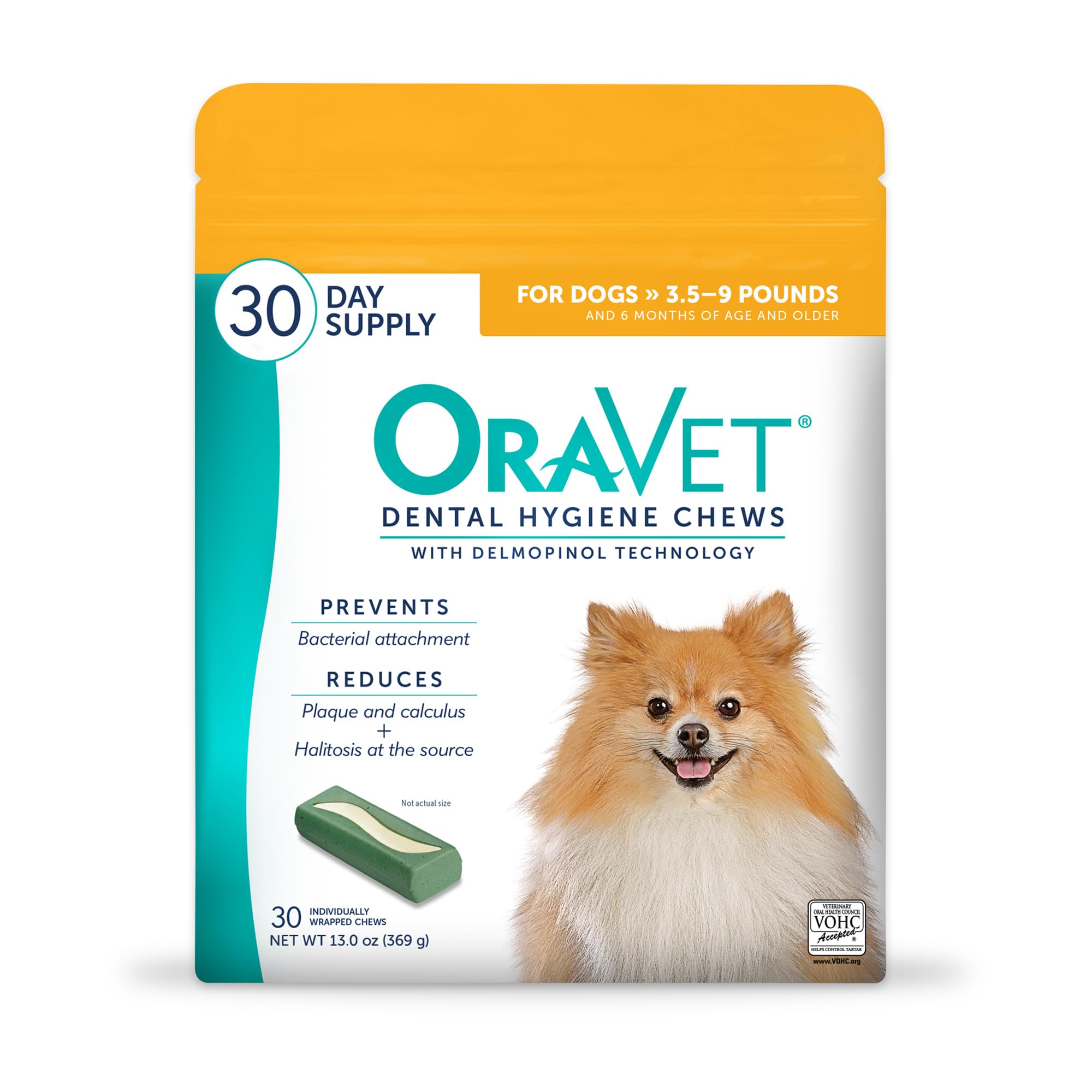 OravetDental Chews for Dogs, Oral Care and Hygiene Chews (Extra Small Dogs, 3.5-9 lbs.) Yellow Pouch, 30 Count