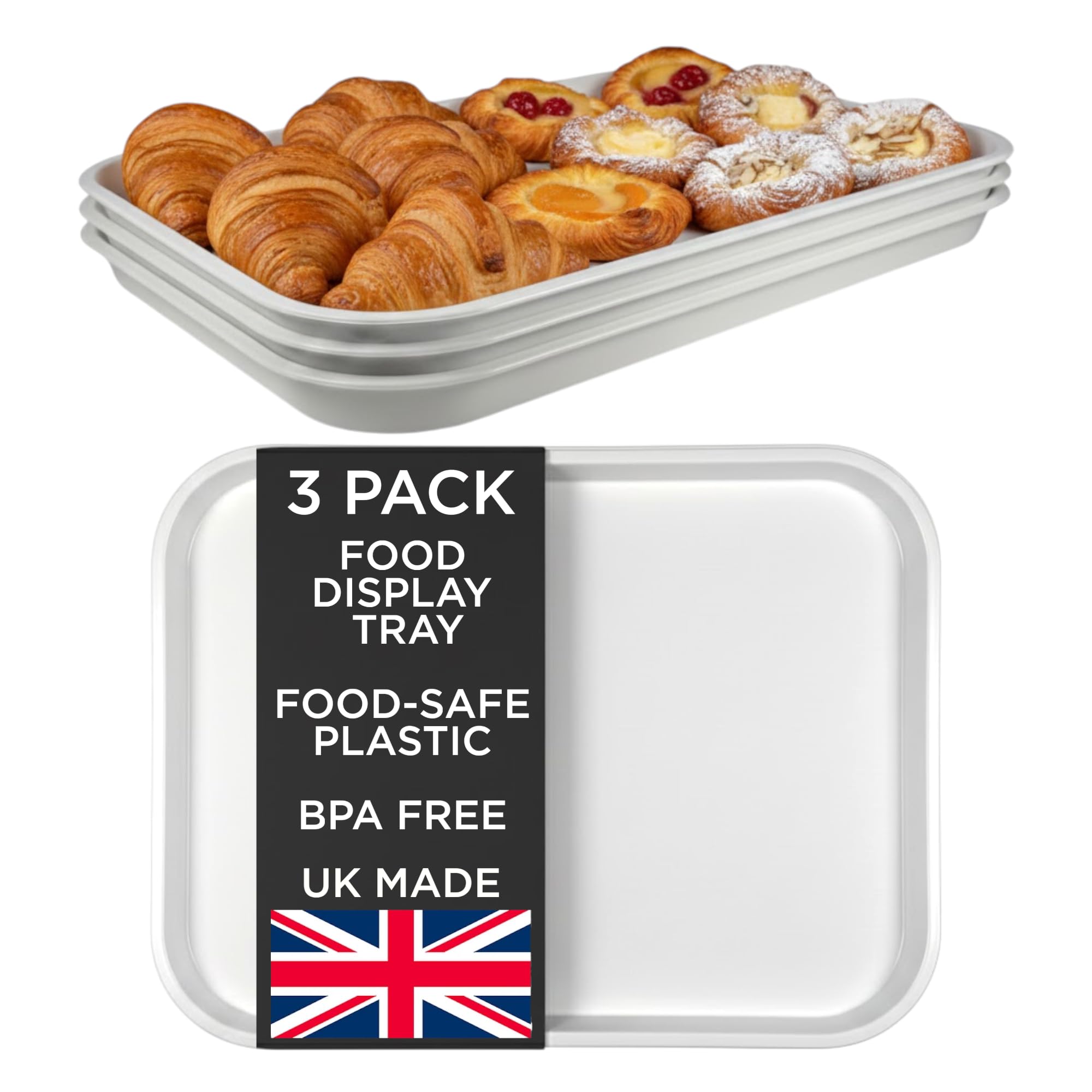 Chabrias Ltd White 3 Pack Plastic Food Display Trays - 36X26cm - Uk Made - Bpa Free Food Grade Butcher Meat Display Trays For Deli, Cafe, Bakery, Catering, Counter & Professional Use - Medium 36X26cm