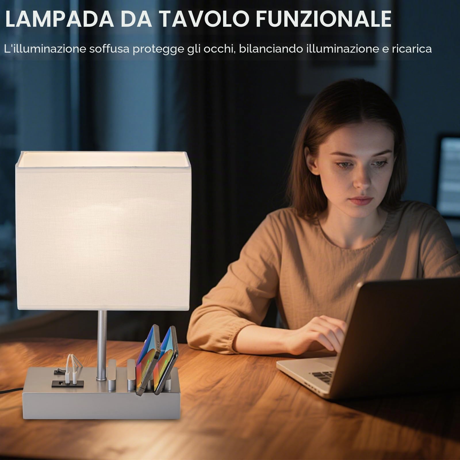 Briever Lampada da comodino USB, lampada da scrivania con 3 porte di ricarica USB e dock di ricarica per telefono, stazione di ricarica e organizer in legno, luce perfetta per camera da letto