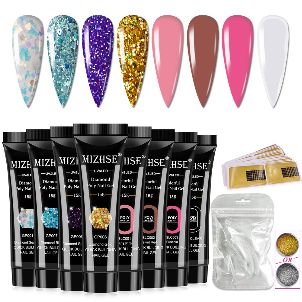 MIZHSE Glitter Poly Nail Gel Set Nail Extension Builder Gel 8 Colors 15ml Manicure Soak Off UV Gel Nail Art Kit