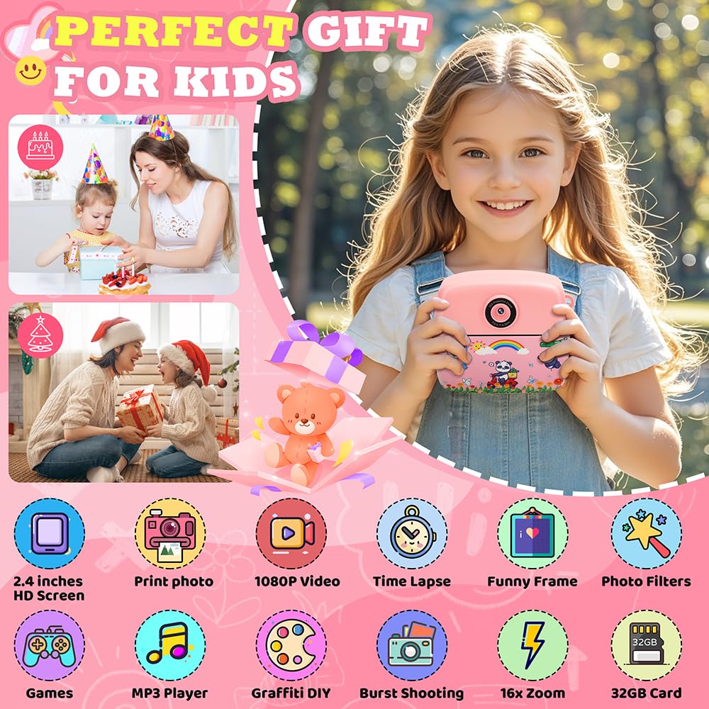 CNAPXAIA Macchina Fotografica Bambini Istantanea, 2,4" 1080P Fotocamera Digitale Bambini con 32 GB Scheda e 3 Rotoli di Carta da Stampa, Rosa